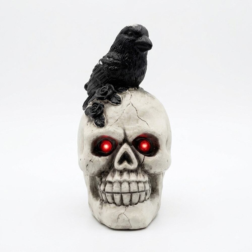 Halloween Crow Skull Figurine Black Roses Red Eyes Gothic Raven Decor NEW